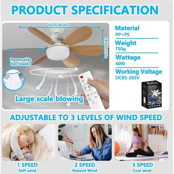 Stille 40W loftventilator – 6 blade – 3 hastigheder – E27 LED-lys – 1/2/4t timer – Til stue og soveværelse