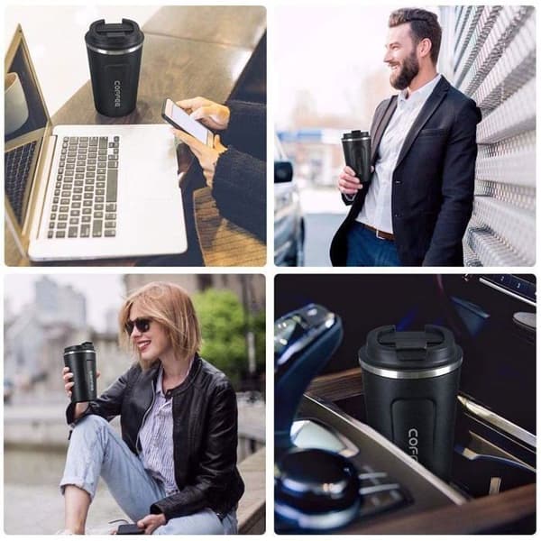 Isolerad kaffemugg, resemugg, 380 ml läckagesäker dubbelväggig bilmugg, svart