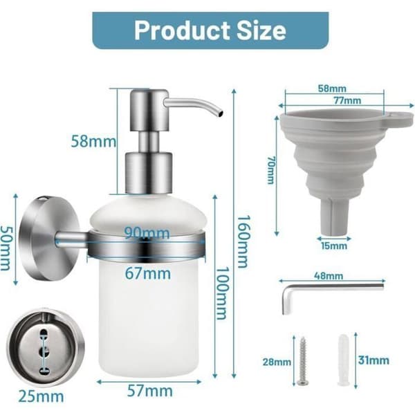 2-delt vægmonteret sæbedispenser, mat glas, 200 ml, rustfrit stål, ingen boring påkrævet, badeværelsesdispenser
