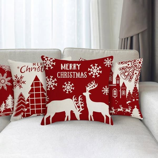 Julkuddfodral 45x45cm, Set om 4 Jul Dekorativa Bomull och Linne Soffa Jul Sovrum Stol Trädgårdsdekoration Röd