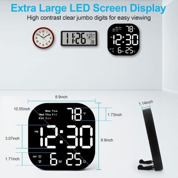 Stor väggklocka, 10,55-tums digital väggklocka med LED-display, veckodag, datum, sommartid, timer, temperatur