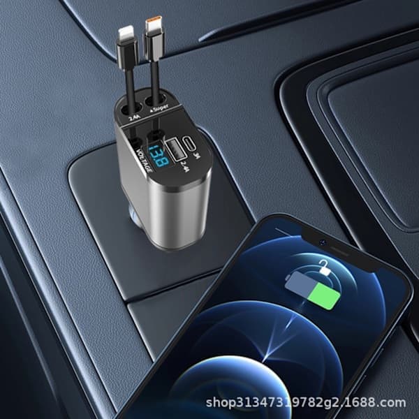 120W Infällbar Billaddare 4-i-1 Billaddaradapter med Infällbara Kablar och USB/USB-C-portar Kompatibel med iPhone, Android, Samsung Galaxy