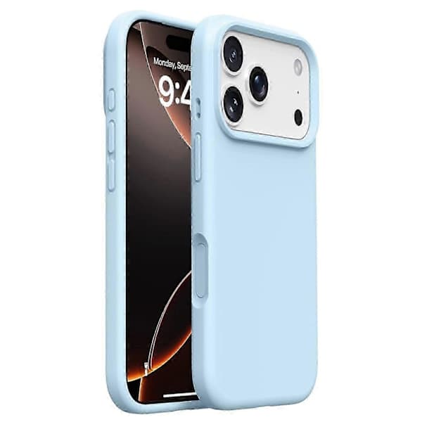 iPhone 17 Pro Max-deksel Mykt mikrofiberfôr, flytende silikon + PC-beskyttelse Isblå Isblå Ice Blue