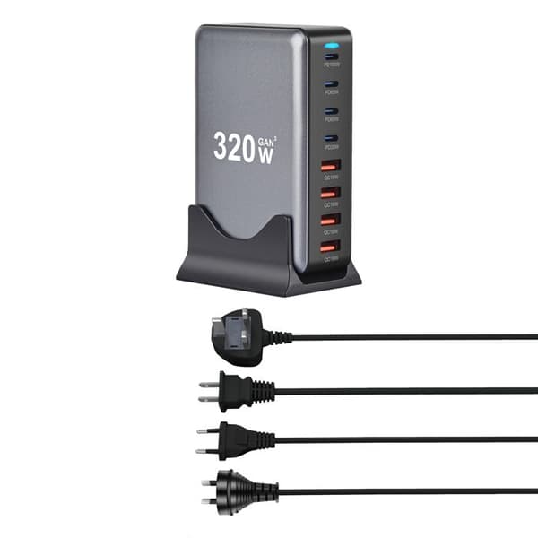 320W USB C Multioplader, 8 porte GaN III Tech Hurtigoplader Stik Ladestation med 4A +4C USB-stikdåse, Grå