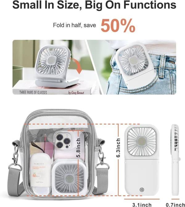 Mini bærbar ventilator - Hvid - Genopladelig - 3 hastigheder - Sammenfoldelig - Håndfri