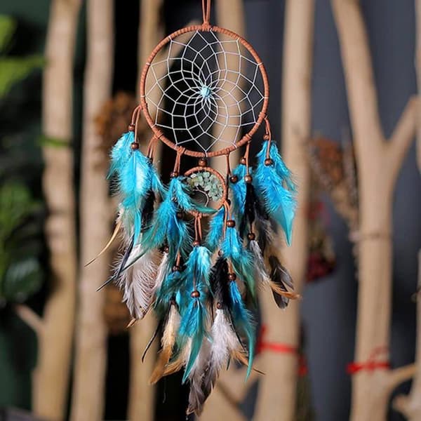 Livets Træ Drømmefanger med Håndlavet Fjer, Native American Blå Drømmefanger - Livets Træ