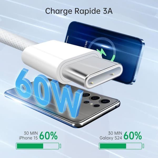 USB-C til USB-C hurtigladekabel: PD3.0 60W USB Type-C-kabel, flettet nylon ladekabel, kompatibel USB-C-ledning, 2-pakning, 1M