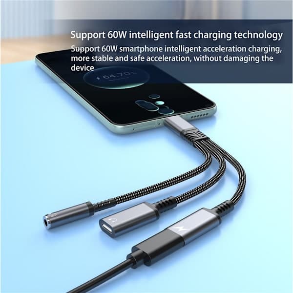 Aux-adapter 60W USB-C til 3,5 mm + USB-C hodetelefoner + USB-C PD-lading svart
