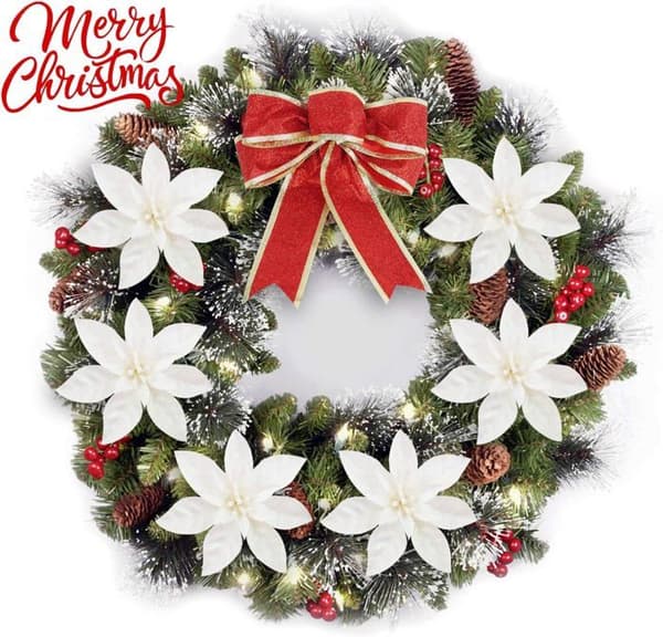 Sæt med 12 kunstige glitter juleblomster (16 cm) med 12 clips (hvid)