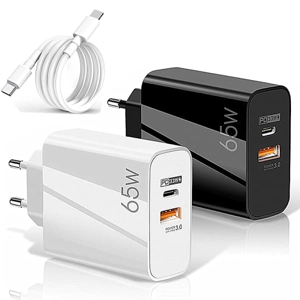 65W GaN hurtiglader med USB C-kabel, for mobil og MacBook Pro, hvit