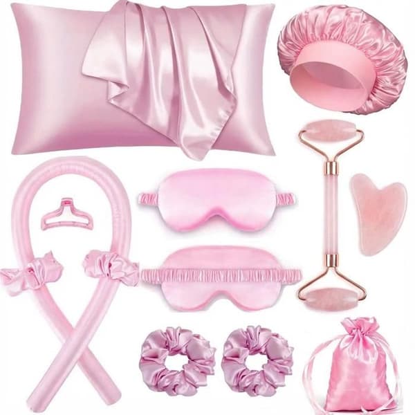 12-delt søvnsett, inkludert sovehette, øyemaske og ansiktsmassasje (rosa).