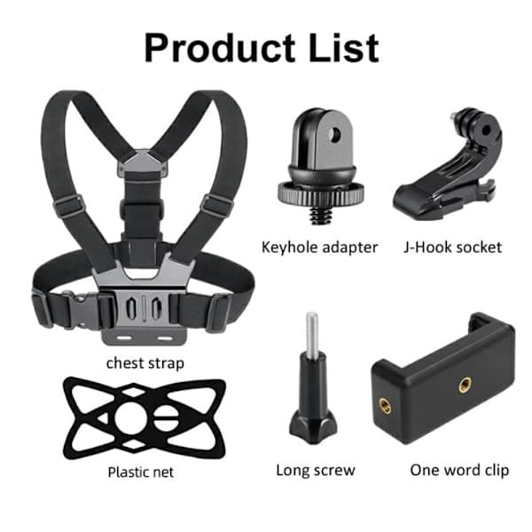 6-i-1 tilbehør til GoPro Hero med bryststropp, mobilklips, etc.