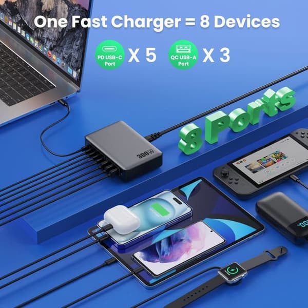 300W USB C-lader med 8 porter GaN Ⅳ Tech, 100W hurtiglader PD QC PPS USB C-uttak, grå