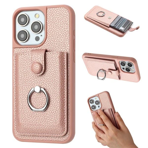 Lædertelefoncover med kortpladser til iPhone 16 15 Pro Max iPhone15 iPhone16 Plus Metal Ringholder Pung Bagcover iPhone16Pro Sort iPhone16Pro