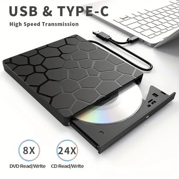 Ultratunn 8-i-1 bärbar USB 3.0 CD/DVD-brännare. Snabb överföring, kompatibel med Windows/Mac/Linux, ingen extern strömförsörjning.