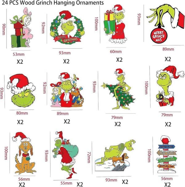 Sæt med 24 Grinch julepynt, Grinch træpynt, Grinch træpynt til juletræet