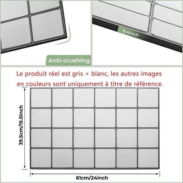 Rutete gulvmatte/badematte/teppe – 60x40cm grå+hvit