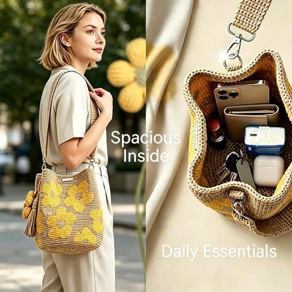 Hæklede tasker til kvinder Håndlavede hæklede blomstertasker Blomsterstrikket taske Boho hæklede tasker til strand, rejser (gul)