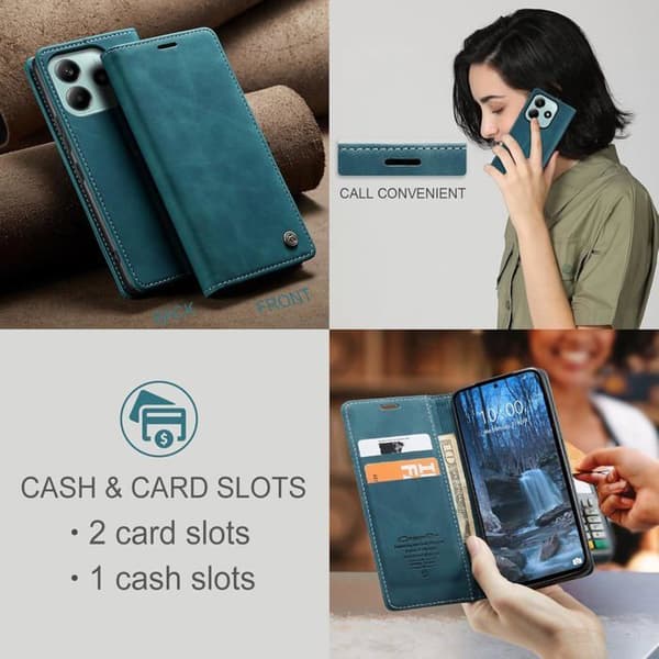 Cover til Xiaomi Redmi Note 14 5G Flip Case i læder, pungbeskyttelse, premium etui, blågrøn Blue Redmi Note 14
