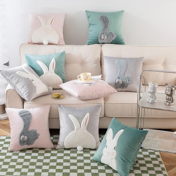 Påskörngott 45x45cm 1/2-pack – Sammet Påskhare Kudde, Påskdekoration Prydnadskudde Vårdekoration Grå 2 Kaniner Gray Rabbits