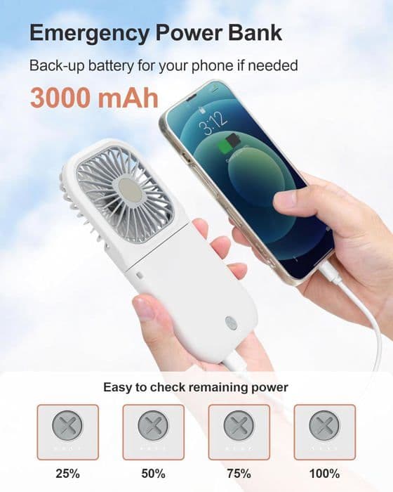 Mini bærbar ventilator - Hvid - Genopladelig - 3 hastigheder - Sammenfoldelig - Håndfri
