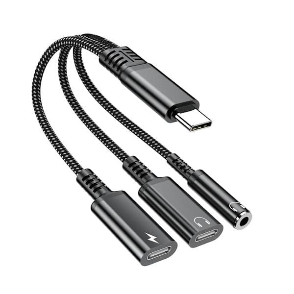 Aux-adapter 60W USB-C til 3,5 mm + USB-C hovedtelefoner + USB-C PD-opladning Sort
