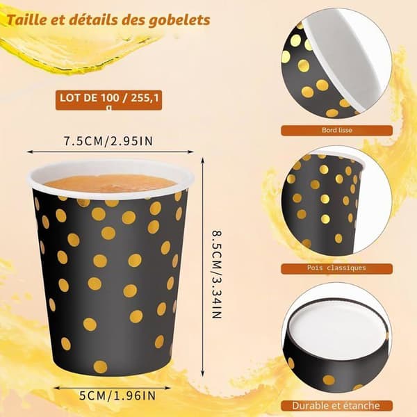 Pakke med 100 sorte og guld festpapirkopper, 250 ml, guld prikkede papirkopper, til varme og kolde drikke (sort)