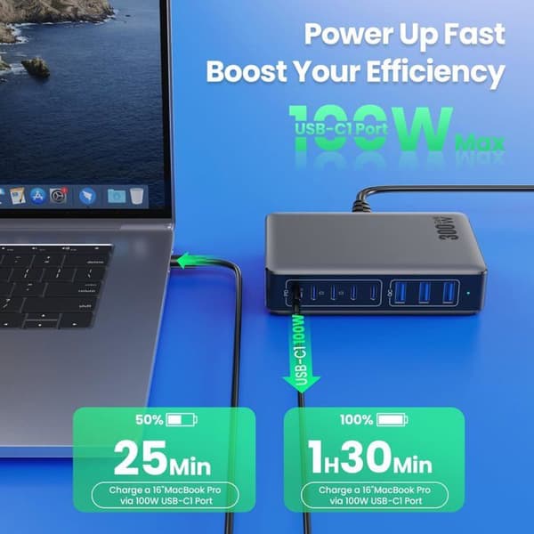 300W USB C-lader med 8 porter GaN Ⅳ Tech, 100W hurtiglader PD QC PPS USB C-uttak, grå