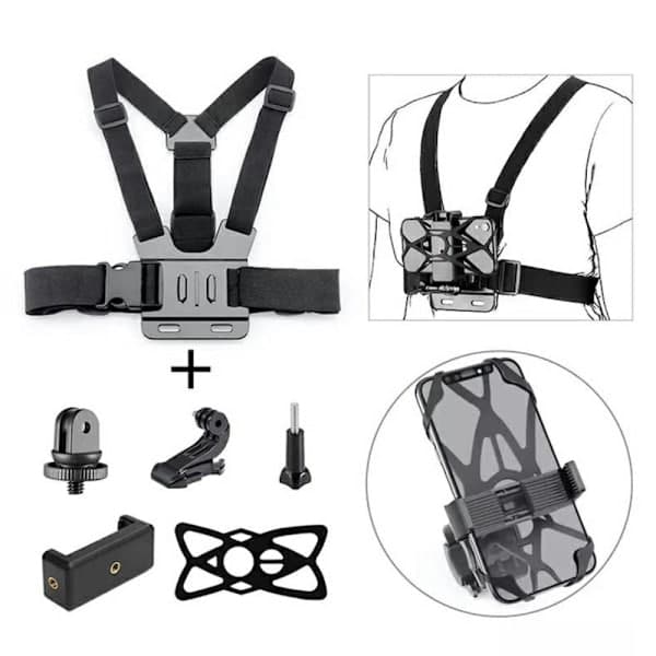 6-i-1 tilbehør til GoPro Hero med bryststropp, mobilklips, etc.