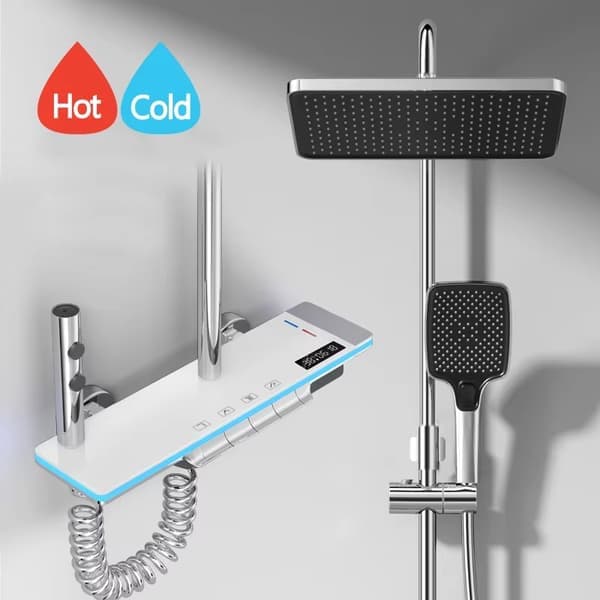 Sølv Glaspanel Digital Termostatisk Bruser - 4 tilstande, LED-display, regnbruser Sølv Varm Kold Sølv Varm Kold Silver Hot Cold Silver Hot Cold