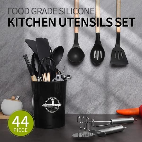 44-delt non-stick silikone køkkenredskabssæt til madlavning og bagning (sort)