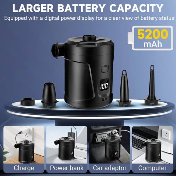 Pumppu, 5200 mAh ladattava akku 3 ilmasuuttimella, kannettava täyttölaite, nopea täyttölaite