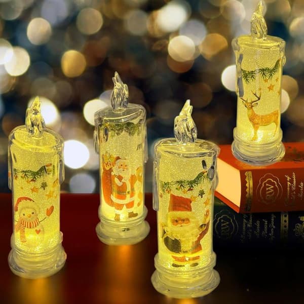 Flammeløse hvite julelys med julenisse, snømann, dekaler, sett med 4, LED-søylelys
