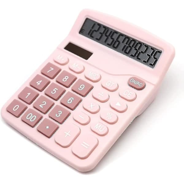 Rosa kalkulator, skrivebordskalkulator 12 sifre med stor LCD-skjerm