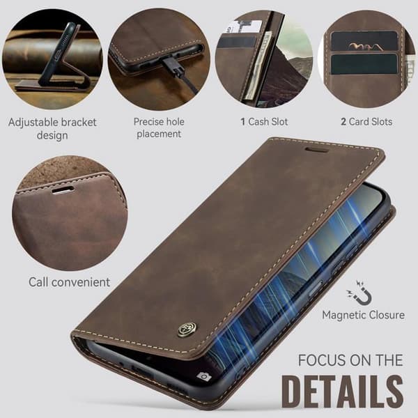 Fodral för Xiaomi Redmi Note 13 Pro 4G Premium Läderfodral Flip Plånboksfodral Kortplatser Magnetisk, Kaffe Brown Redmi Note 13 Pro