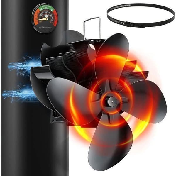 2 i 1 Magnetisk Pejsventilator, 4 Blade Pejsventilator, Lydløs Brændeovnsventilator med Termometer, Sort