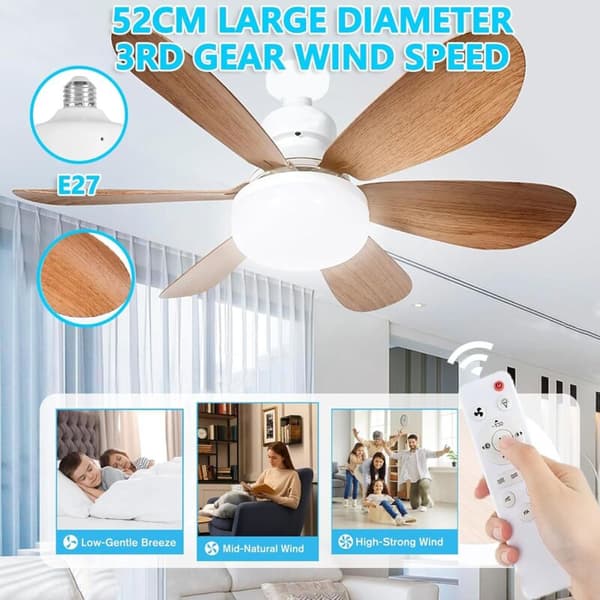 Stille 40W loftventilator – 6 blade – 3 hastigheder – E27 LED-lys – 1/2/4t timer – Til stue og soveværelse