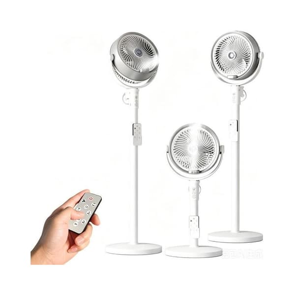 Stille forstøvningsvifte med hjul, 3 blader, 3 moduser, 3 hastigheter, forstøvningsfunksjon, fjernkontroll, timer, hvit