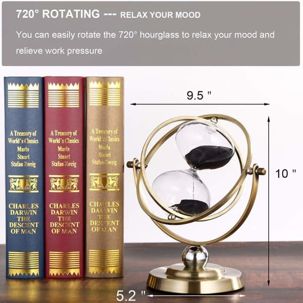 Stor 60-minutters messing timeglas, antikt roterende sort sandur, Unity 1-times glas timeglas