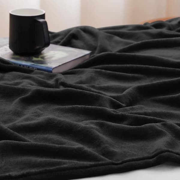 Mikrofiber Flonel Fleece Tæppe, 150x200cm Sort Sofatæppe, 2-Personers Sengetæppe