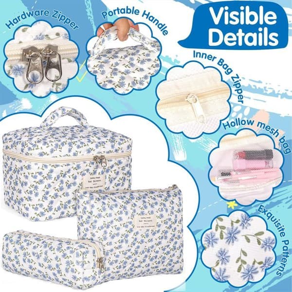 Sæt med 3 toilettasker til kvinder, blomstermønster, makeuptaske i bomuld, makeuptaske til kvinder, opbevaringspose