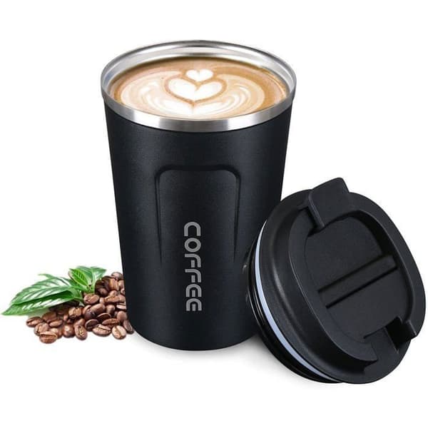 Isolerad kaffemugg, resemugg, 380 ml läckagesäker dubbelväggig bilmugg, svart
