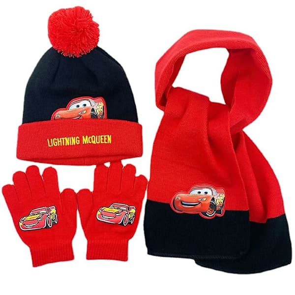Børnebil Lynet McQueen Varm Strikket Pompon Hue Halstørklæde Og Handsker Sæt Til 3-8 År 3stk/sæt [SFF] Sort Rød