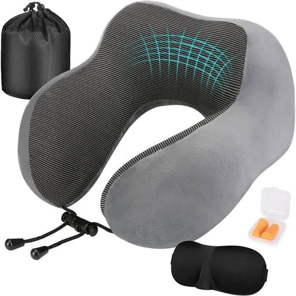 Resekudde, Memory Foam Resekudde, Sovmask, Öronproppar, Transportväska Ingår, Grå