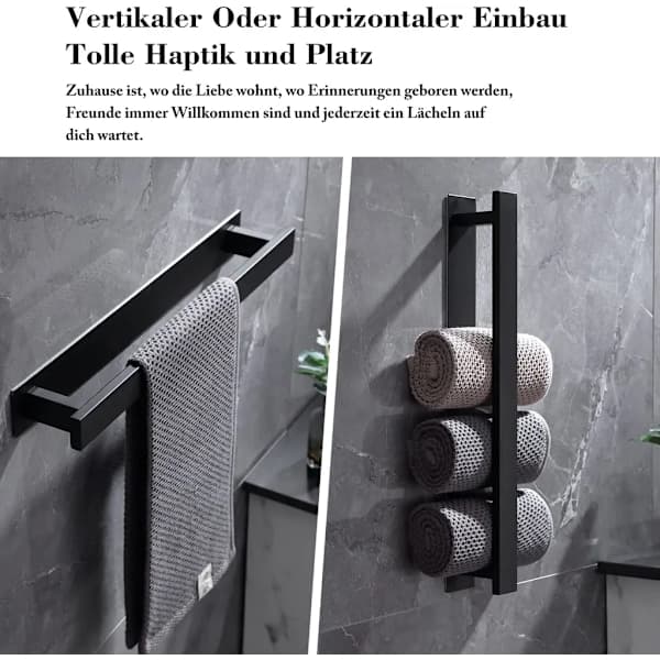 Pyyheteline ilman porausta, musta, kylpyhuone, vieraspyyheteline, seinäkiinnitys, ruostumaton teräs, mattapyyheteline (41cm)-XF32-