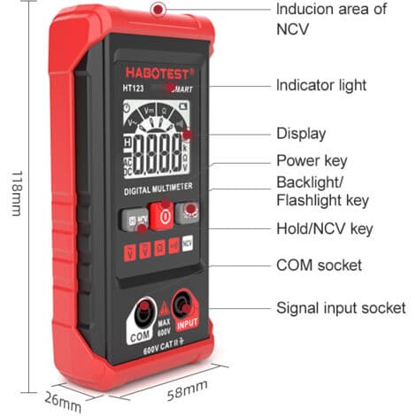 Automatisk digitalt multimeter – Smart Auto-modus – Berøringsfri spenningsdeteksjon – Overbelastningsbeskyttelse – Bakgrunnsbelyst display – HT123