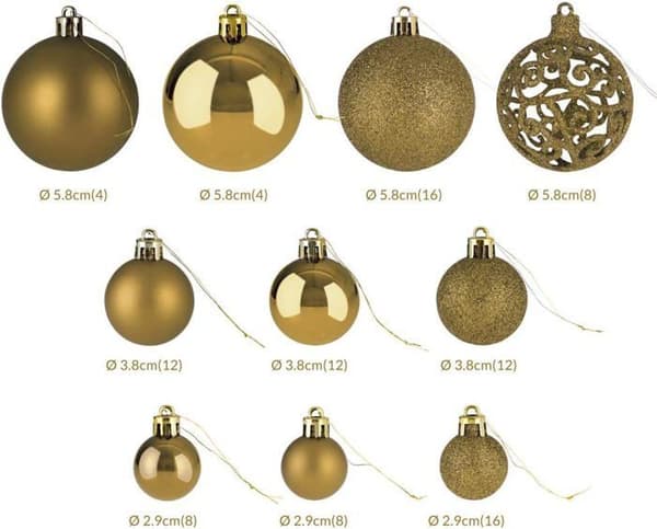 Sæt med 100 robuste julekugler i plast til indendørs og udendørs julepynt til træer, guld
