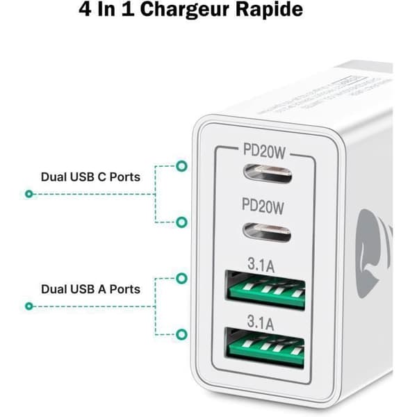 40W USB C Hurtiglader, 4-porter USB Multi-lader med PD og QC3.0, USB-C Strømadapter Kompatibel med iPhone osv. White Power: 55W