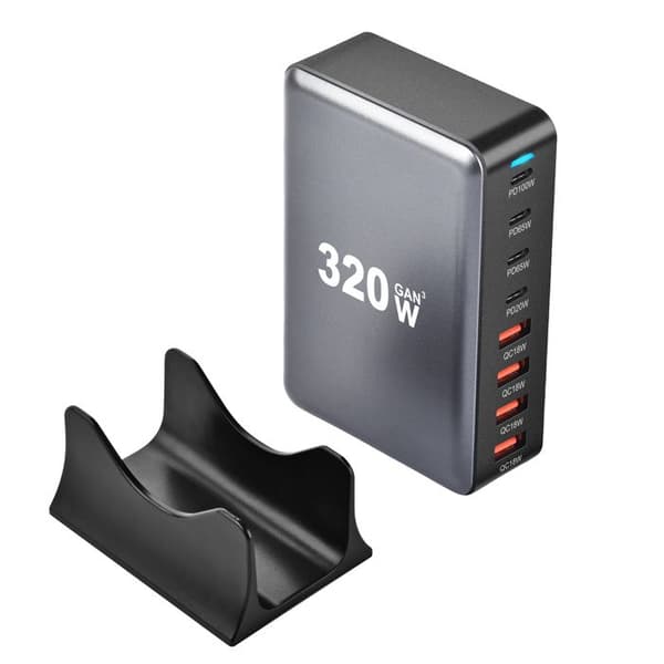 320W USB C Multioplader, 8 porte GaN III Tech Hurtigoplader Stik Ladestation med 4A +4C USB-stikdåse, Grå