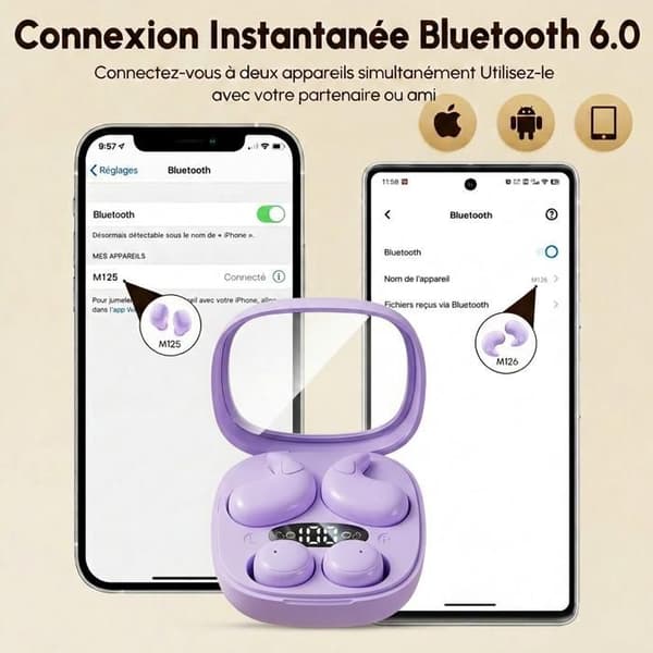 Diskrete in-ear-hovedtelefoner til sidesøvn, 2-i-1 trådløse Bluetooth mini-hovedtelefoner til søvn - Lilla
